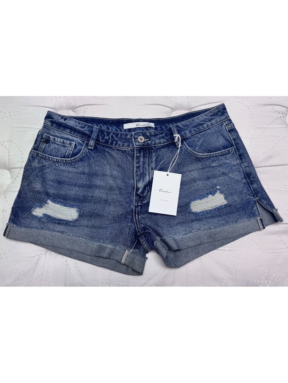 Kancan Distressed Cuffed Denim Shorts Women’s Blue Mid Rise Rolled Hem